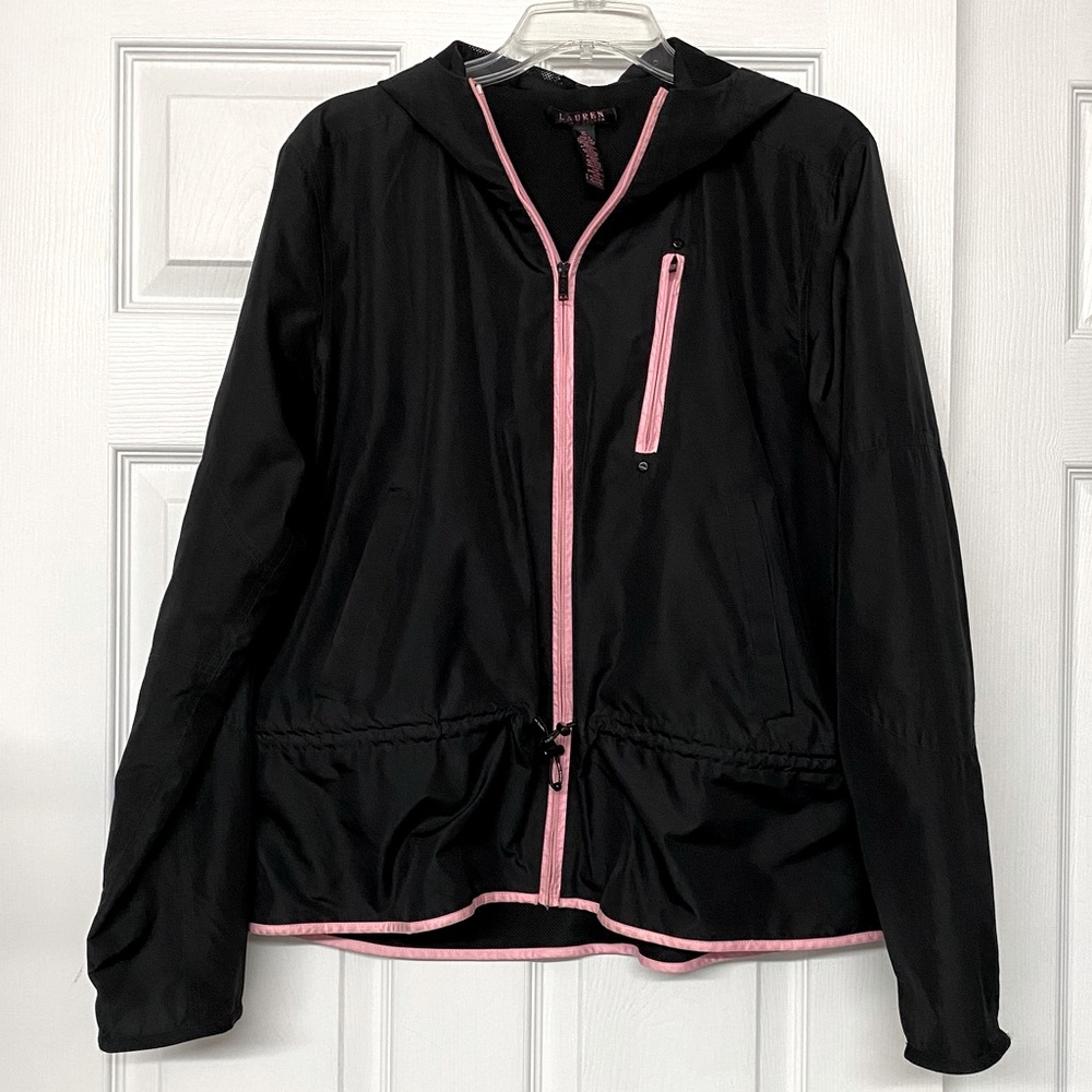 Lauren Ralph Lauren Black Hooded Mesh Lined Windbreaker Jacket Pink Trim Sz XL